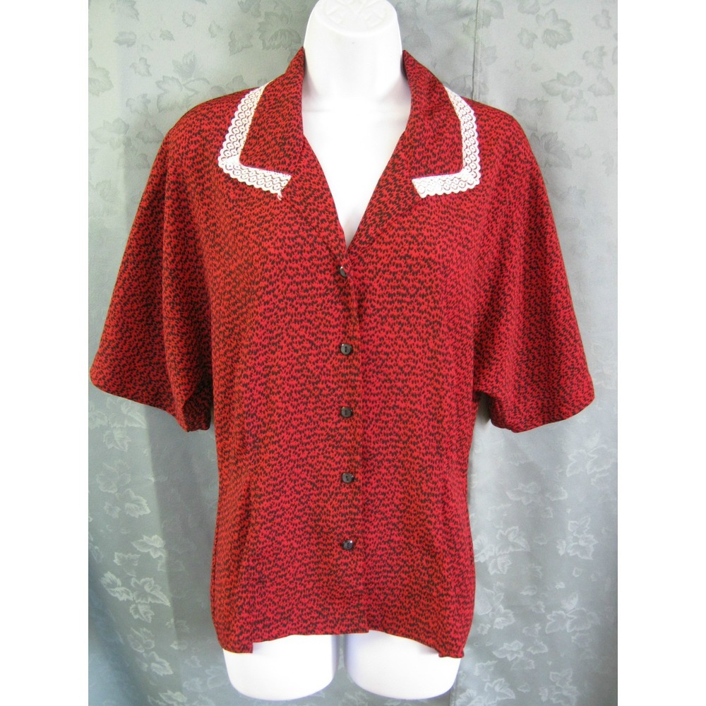 VTG 80's Laura & Jayne Blouse Size Large Red & Black Print Lace Trim Career Top